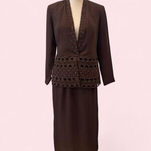 Vintage Tally Taylor Brown Two Piece Skirt Set Beaded Cutout Peplum Jacket 8